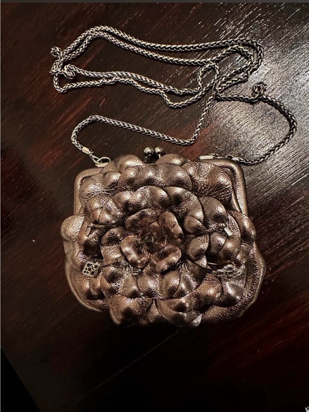 Metallic Bronze Floral Leather Wristlet Clutch with Chain Strap